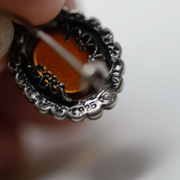 Vintage Sterling Silver & Amber Oval Drop Earrings - Picture 5 of 7